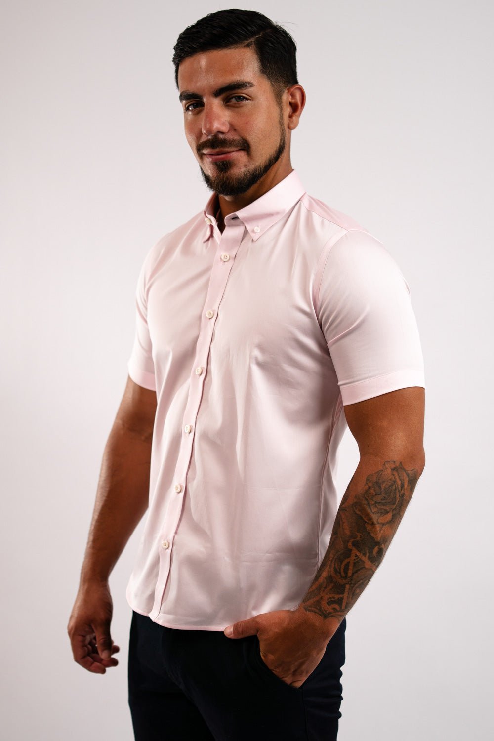 Camisa Algodón Stretch Rosada Manga Corta Slim Fit - BARBADENS