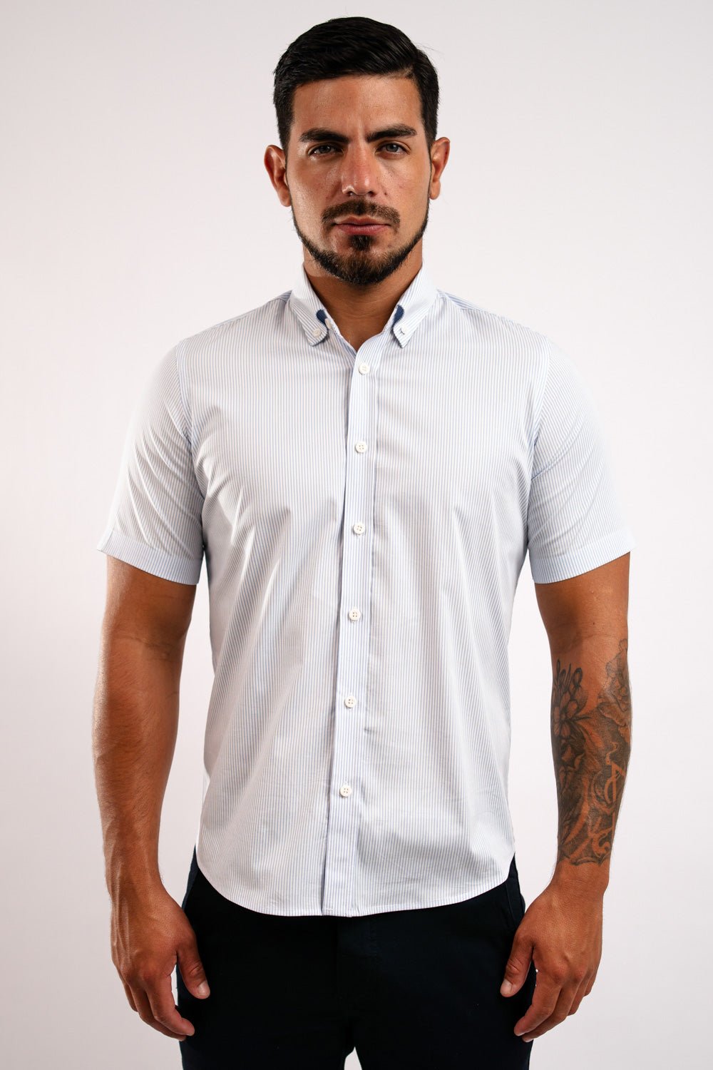 Camisa Algodón Stretch Rayas Celeste Manga Corta Slim Fit - BARBADENS