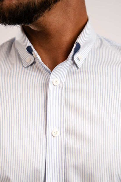 Camisa Algodón Stretch Rayas Celeste Manga Corta Slim Fit - BARBADENS