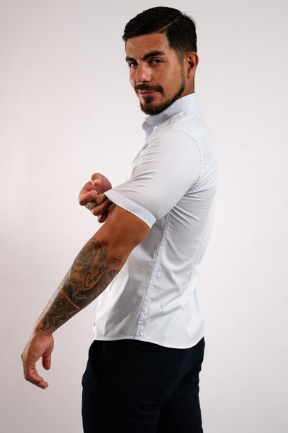 Camisa Algodón Stretch Rayas Celeste Manga Corta Slim Fit - BARBADENS
