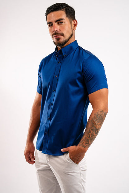 Camisa Algodón Stretch Azurro Manga Corta Slim Fit - BARBADENS