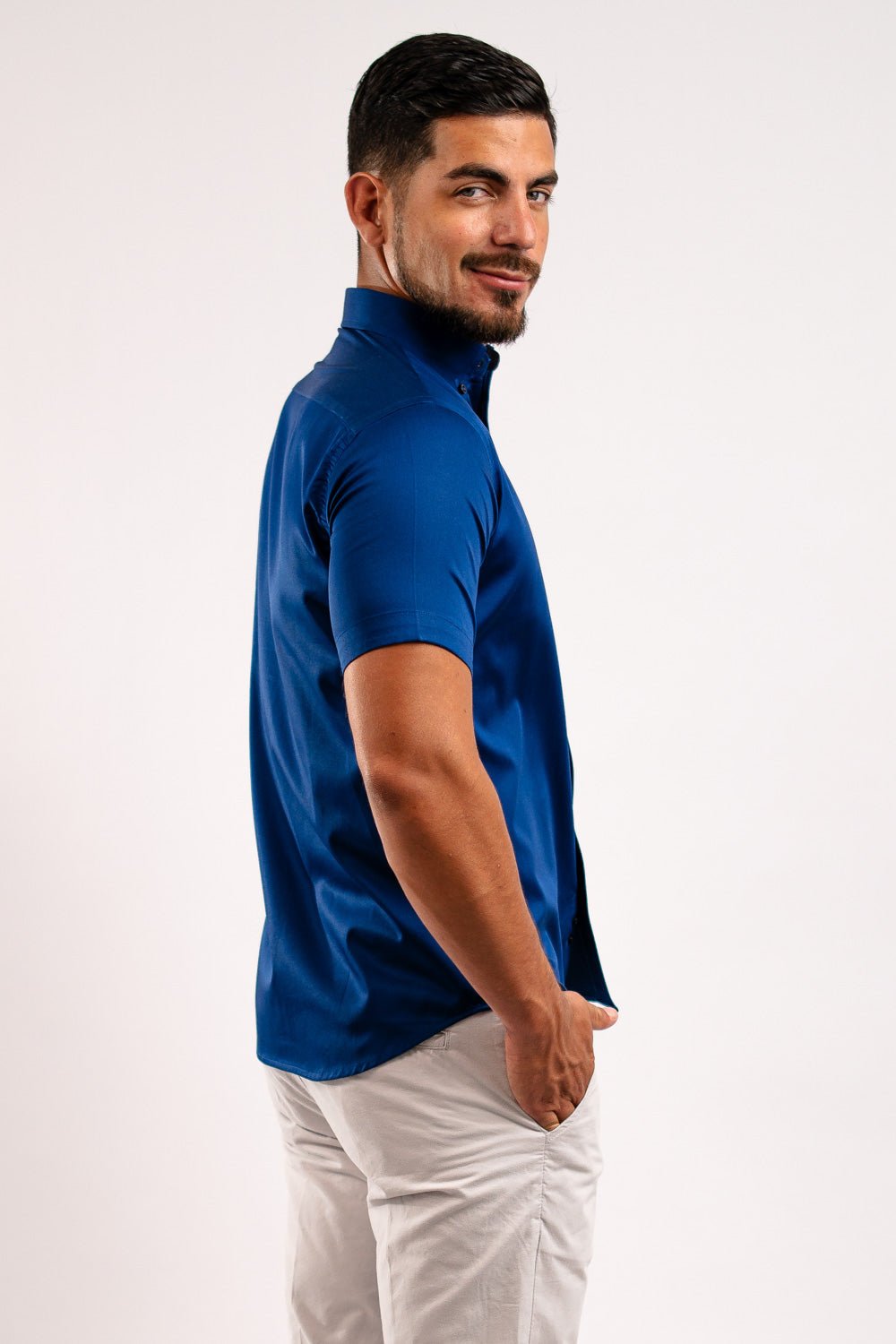 Camisa Algodón Stretch Azurro Manga Corta Slim Fit - BARBADENS