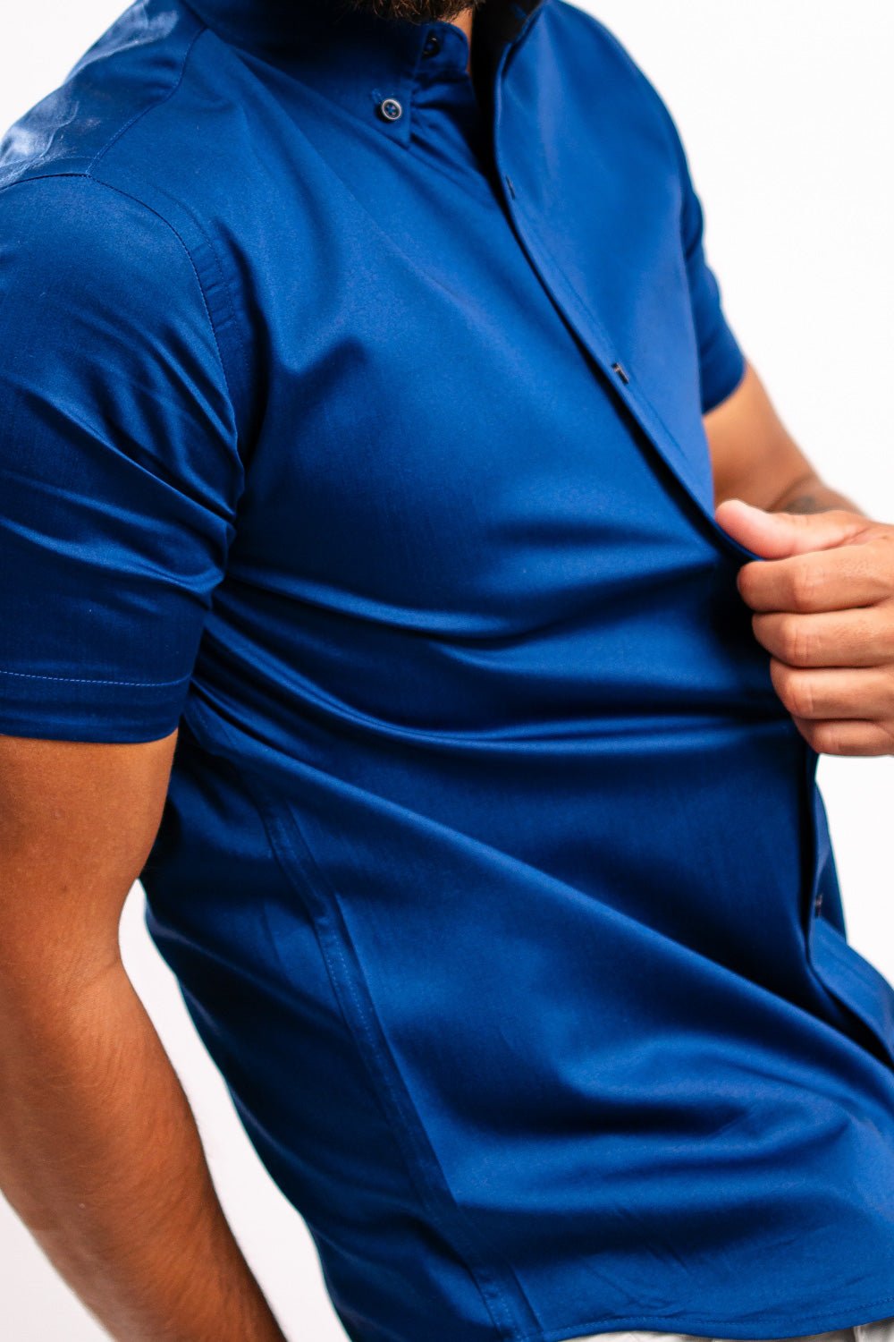 Camisa Algodón Stretch Azurro Manga Corta Slim Fit - BARBADENS