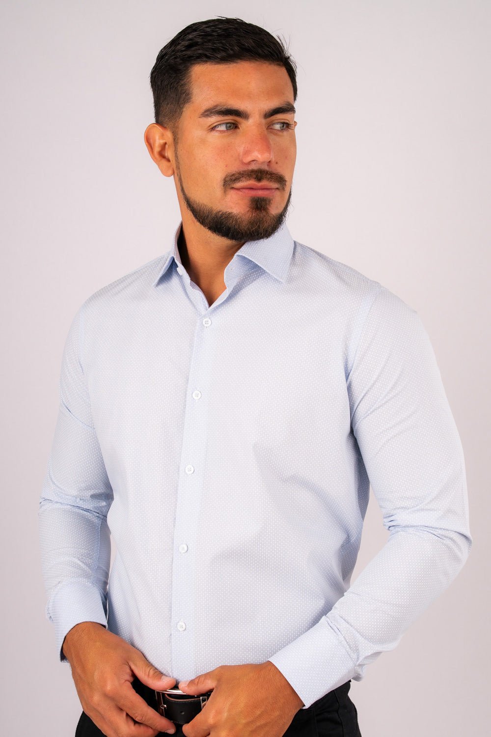 Camisa Slim Fit Algodón Pima Celeste Est. - BARBADENS