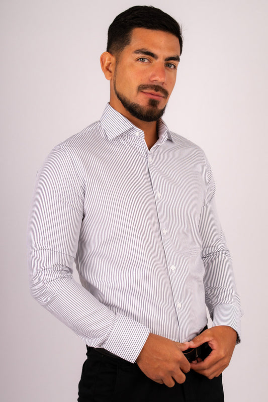 Camisa Slim Fit Rayas Negro Dobby Algodón Pima