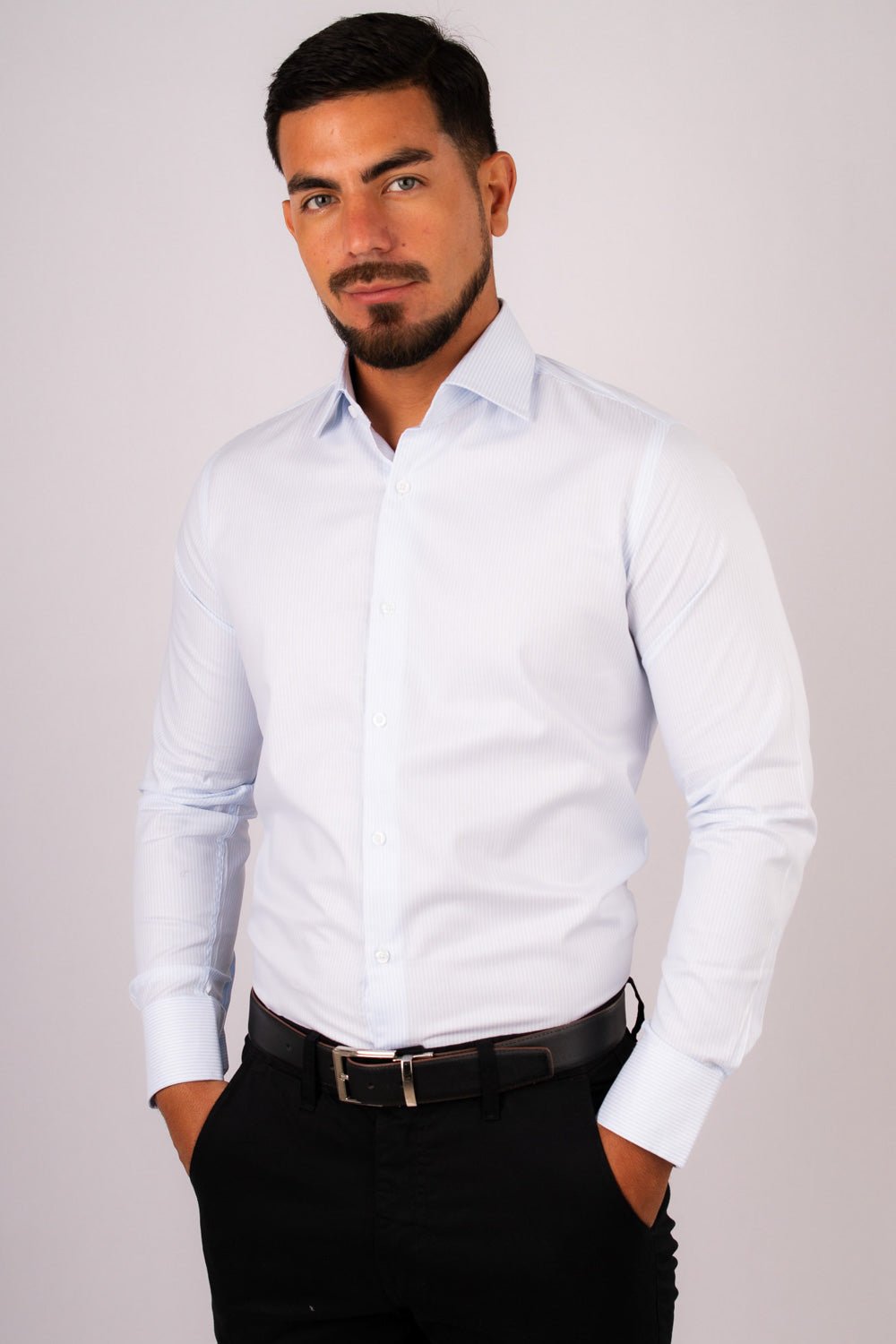 Camisa Slim Fit Rayas Celeste Dobby Algodón Pima - BARBADENS