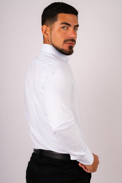 Camisa Slim Fit Rayas Celeste Dobby Algodón Pima - BARBADENS
