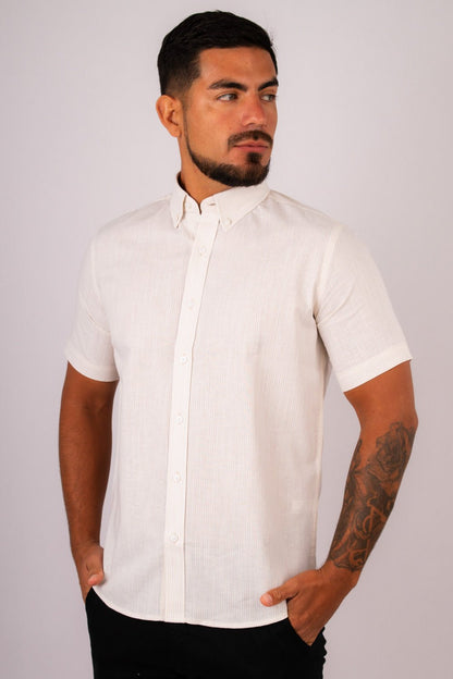 Camisa Lino Algodón Rayas Beige Manga Corta Slim Fit - BARBADENS