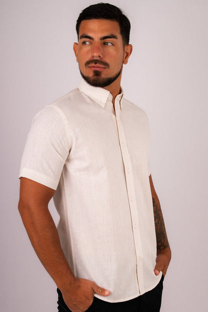 Camisa Lino Algodón Rayas Beige Manga Corta Slim Fit - BARBADENS
