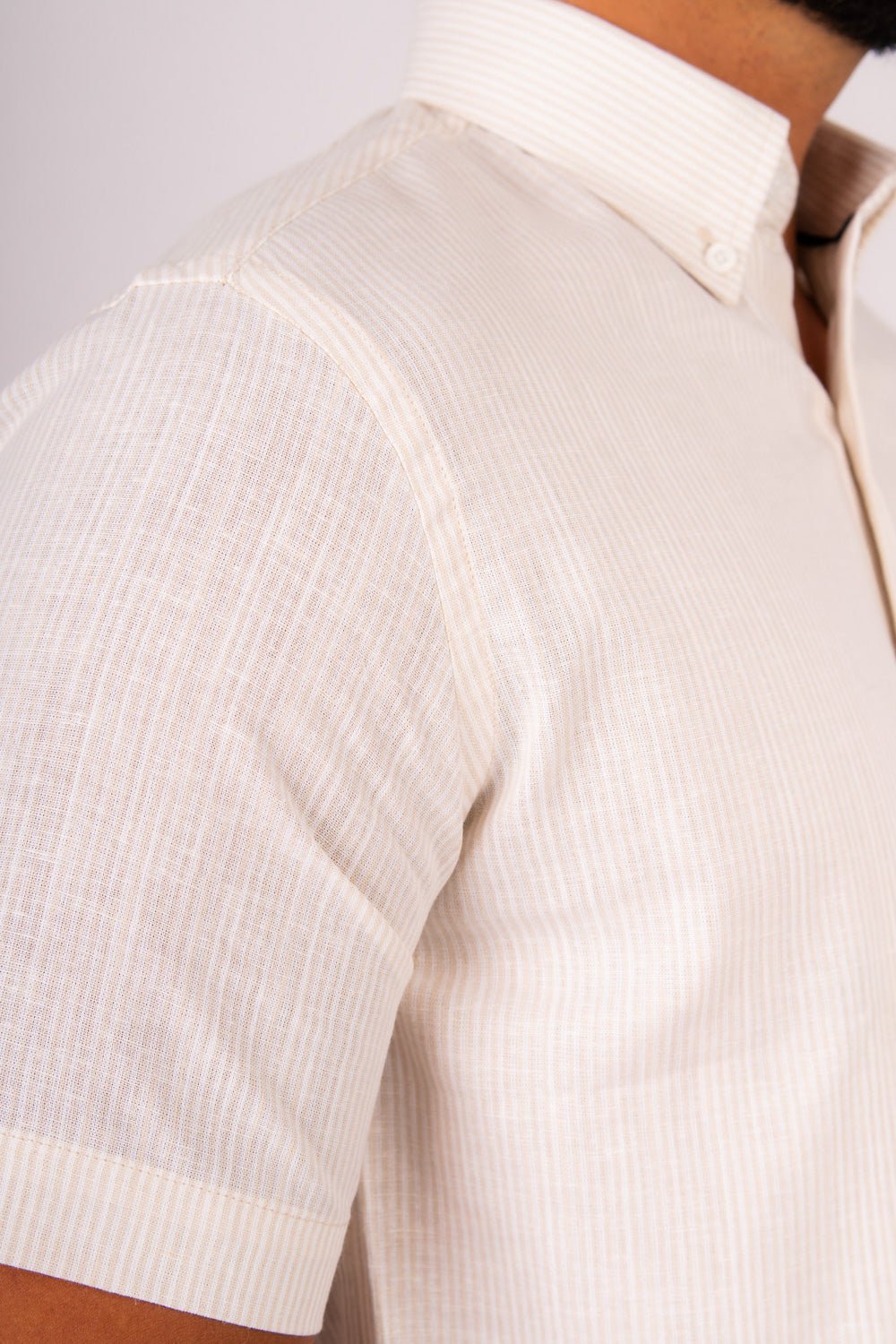 Camisa Lino Algodón Rayas Beige Manga Corta Slim Fit - BARBADENS