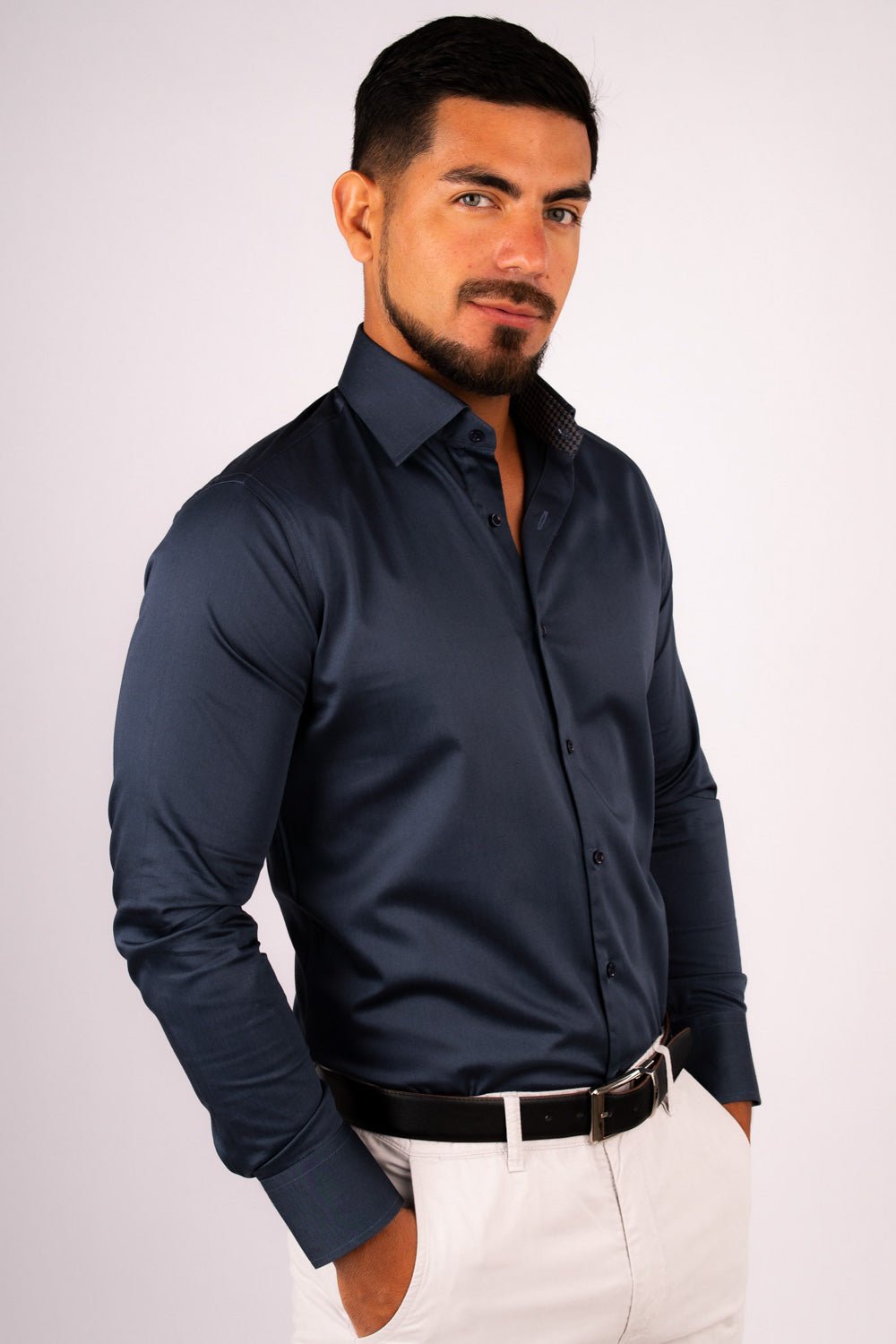 Camisa Azul Acero Algodón Stretch Slim Fit - BARBADENS