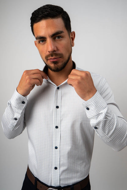 Preventa - Camisa Blanca Cuadros Dobby 100% Pima Slim Fit - BARBADENS