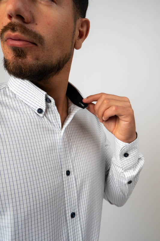 Preventa - Camisa Blanca Cuadros Dobby 100% Pima Slim Fit - BARBADENS