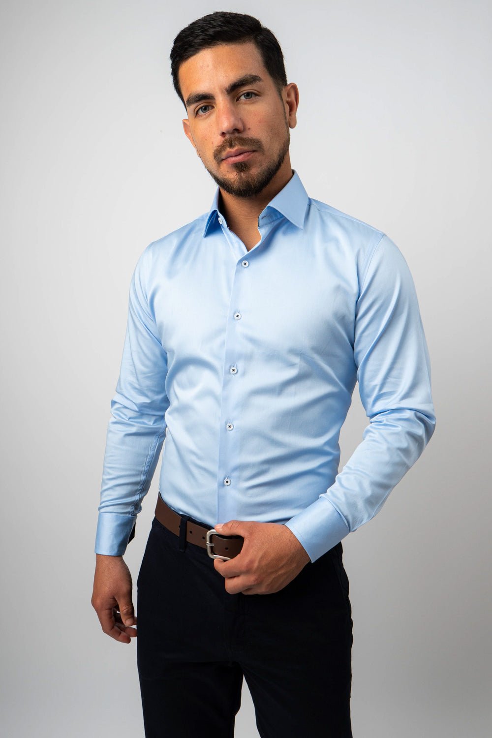 Preventa - Camisa Celeste Contraste Algodón Stretch Slim Fit - BARBADENS