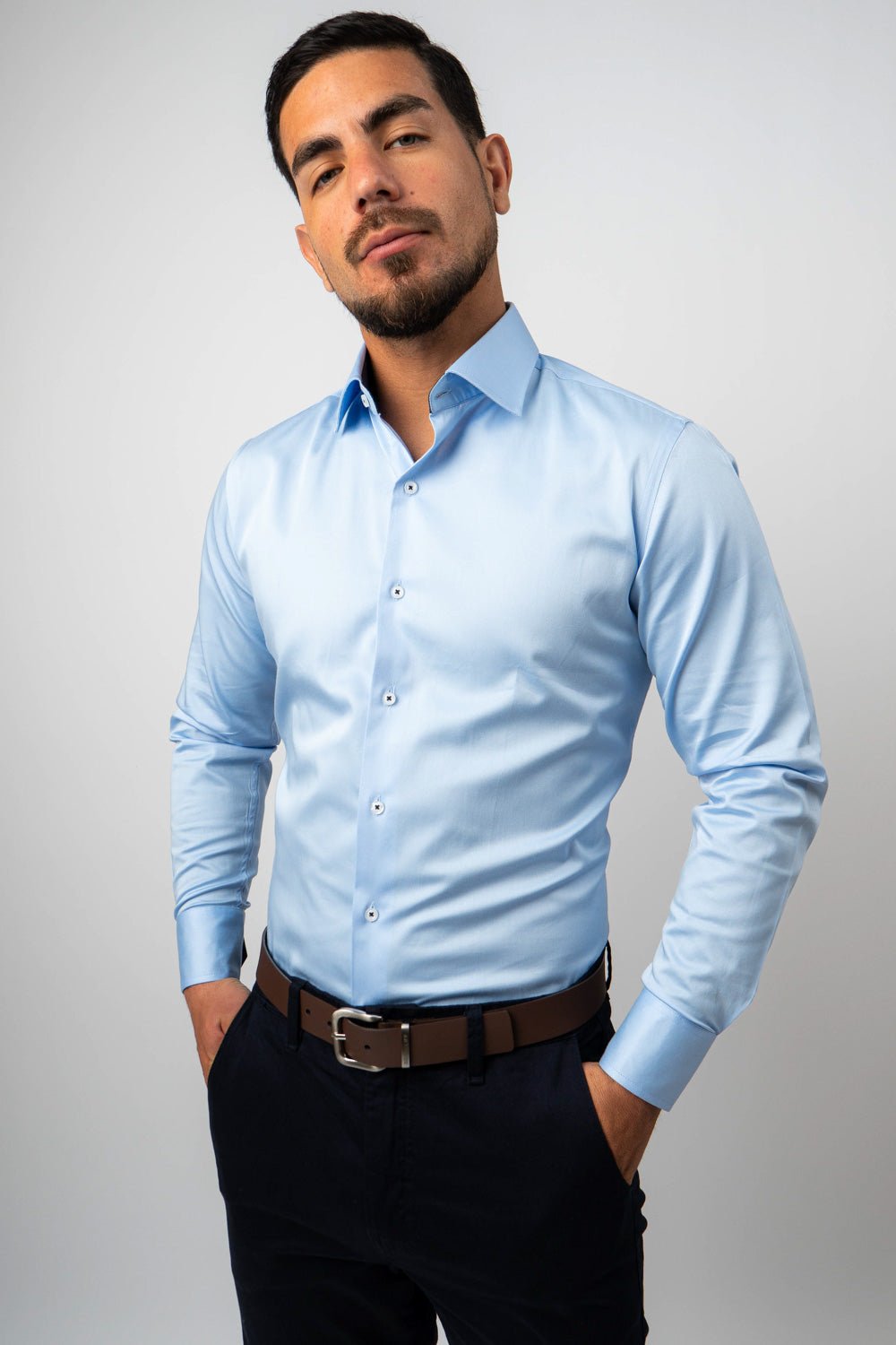 Preventa - Camisa Celeste Contraste Algodón Stretch Slim Fit - BARBADENS