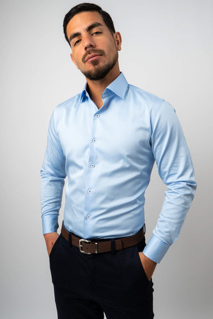 Preventa - Camisa Celeste Contraste Algodón Stretch Slim Fit - BARBADENS