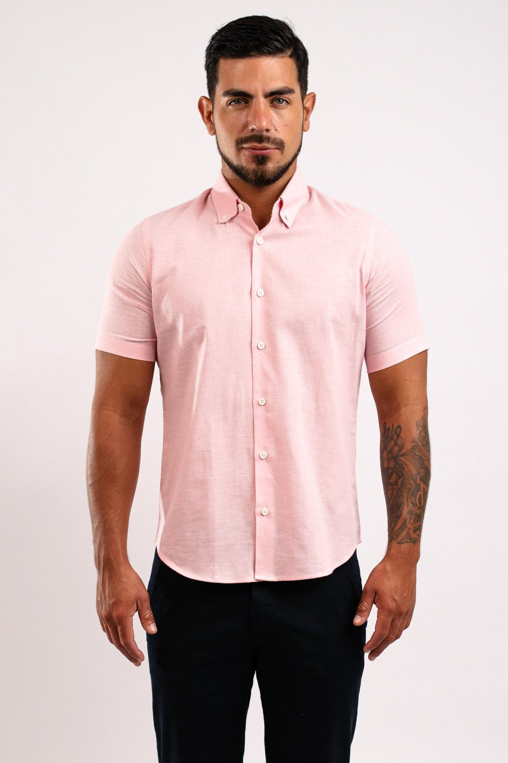 Camisa Lino Algodón Rosada Manga Corta Slim Fit - BARBADENS