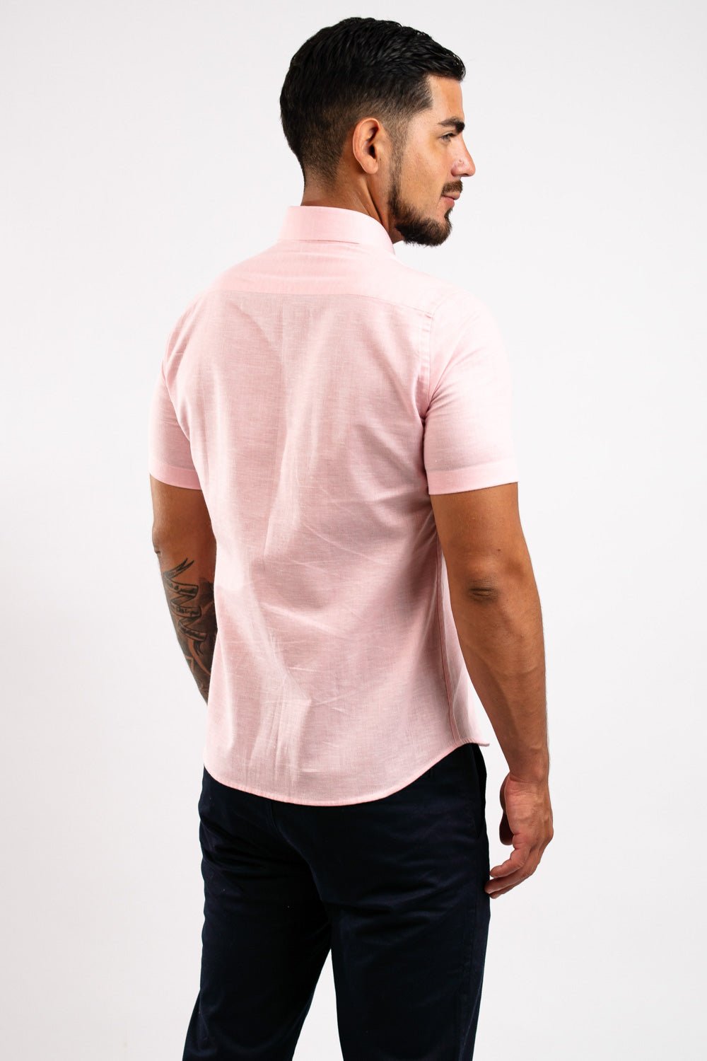 Camisa Lino Algodón Rosada Manga Corta Slim Fit - BARBADENS