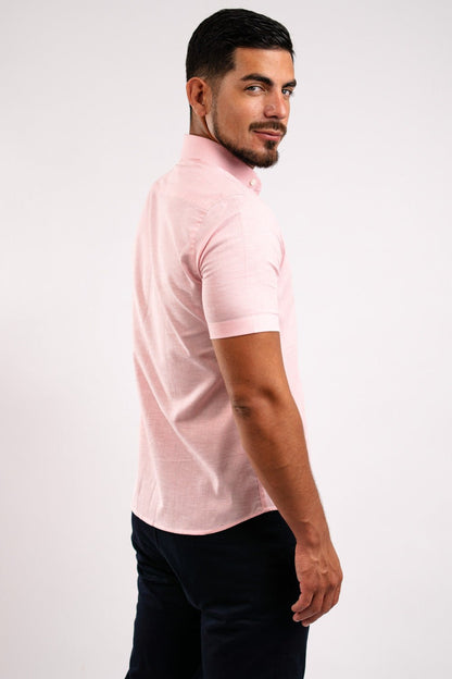 Camisa Lino Algodón Rosada Manga Corta Slim Fit - BARBADENS