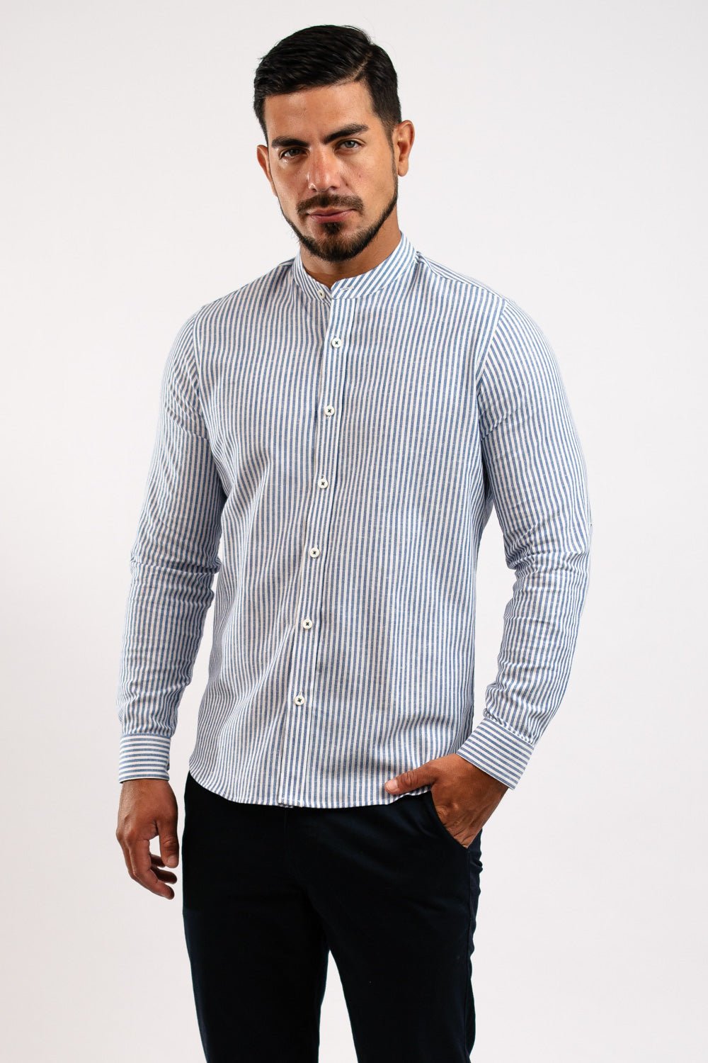 Camisa Lino Algodón Rayas Azul Cuello Nerú Slim Fit - BARBADENS