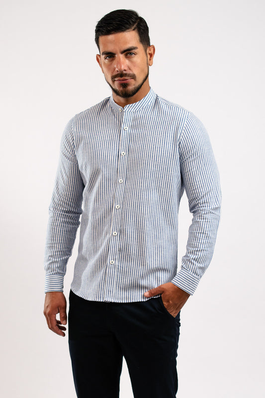 Camisa Lino Algodón Rayas Azul Cuello Nerú Slim Fit