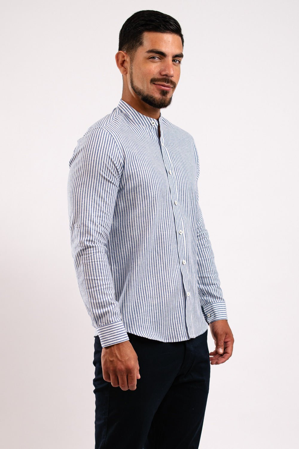 Camisa Lino Algodón Rayas Azul Cuello Nerú Slim Fit - BARBADENS