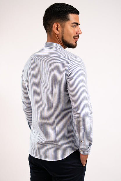 Camisa Lino Algodón Rayas Gris Cuello Nerú Slim Fit - BARBADENS