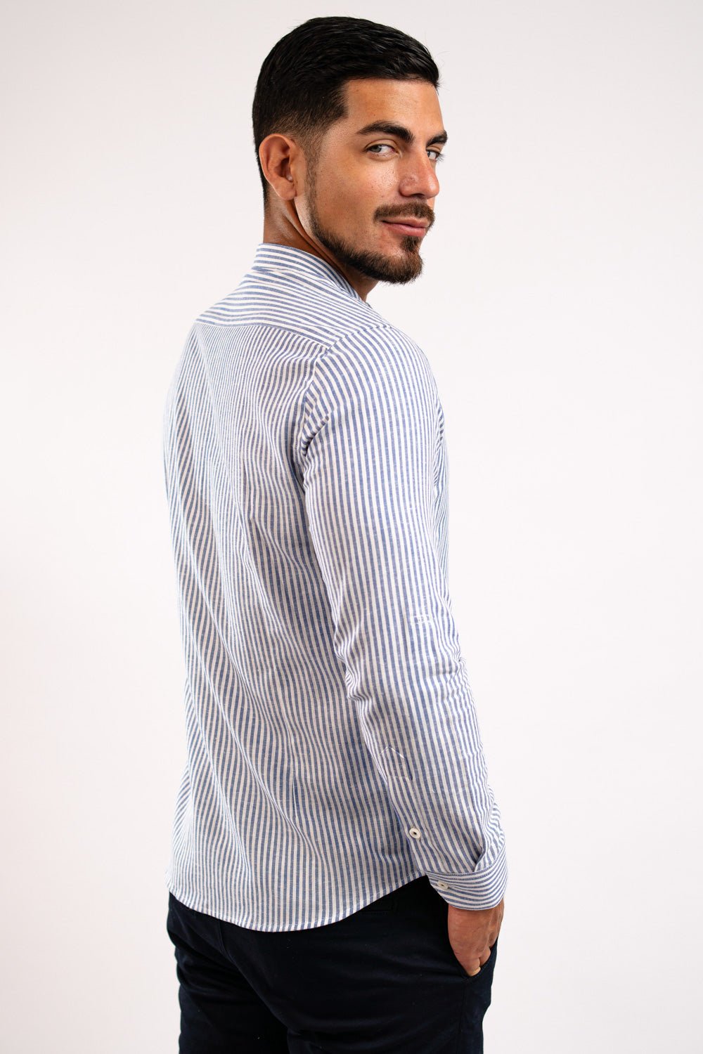 Camisa Lino Algodón Rayas Azul Cuello Nerú Slim Fit - BARBADENS