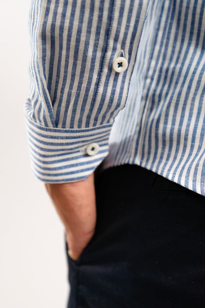 Camisa Lino Algodón Rayas Azul Cuello Nerú Slim Fit - BARBADENS