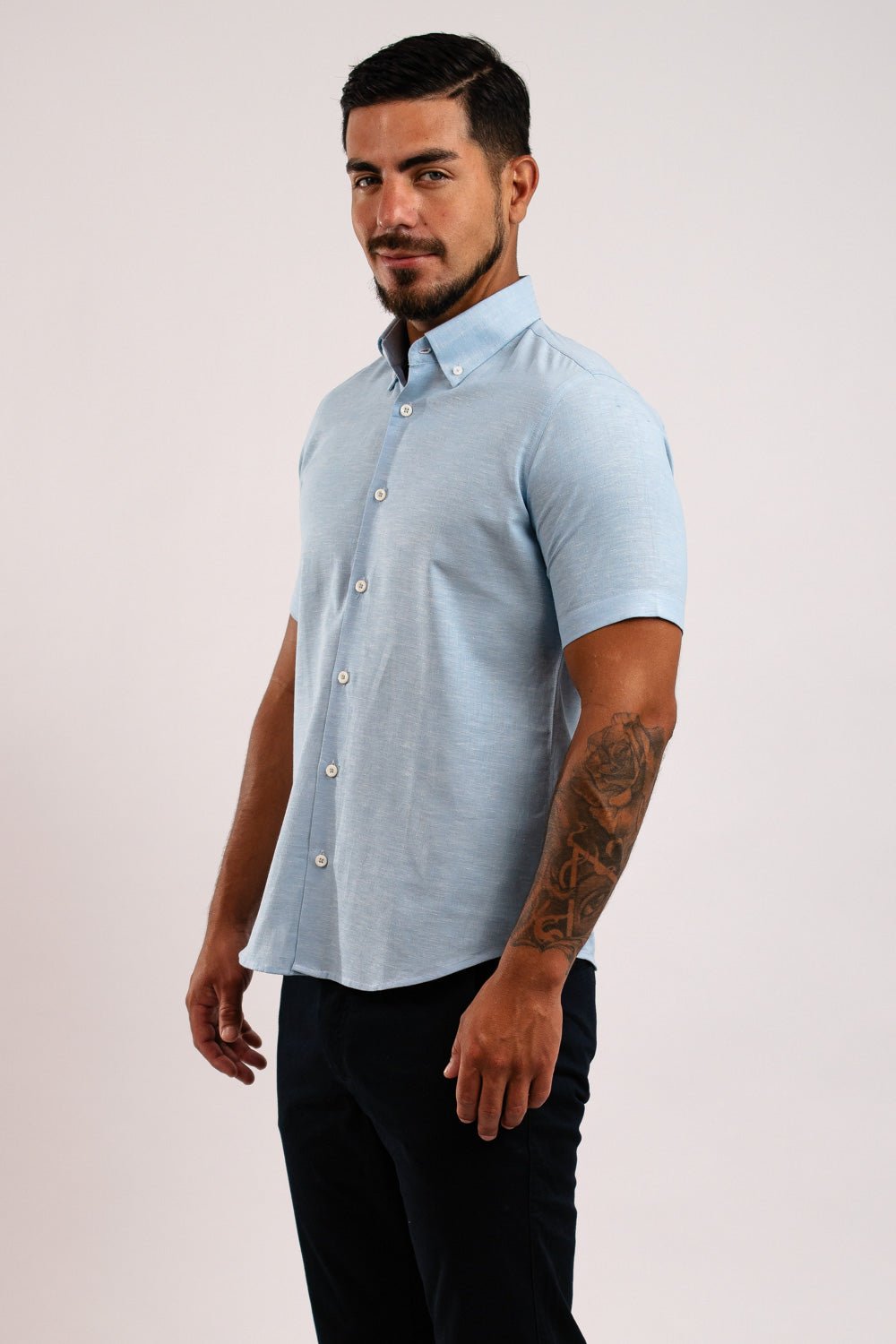 Camisa Lino Algodón Celeste Manga Corta Slim Fit - BARBADENS