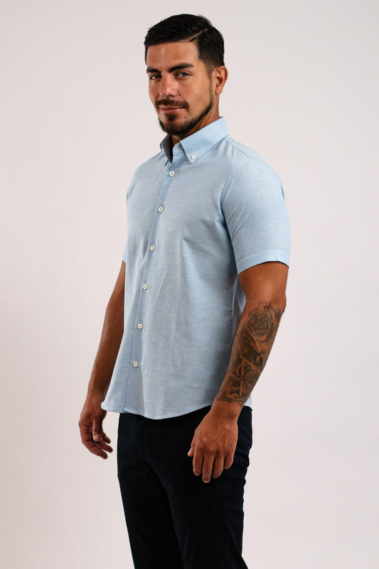 Camisa Lino Algodón Celeste Manga Corta Slim Fit