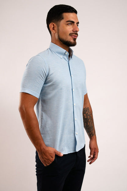 Camisa Lino Algodón Celeste Manga Corta Slim Fit - BARBADENS