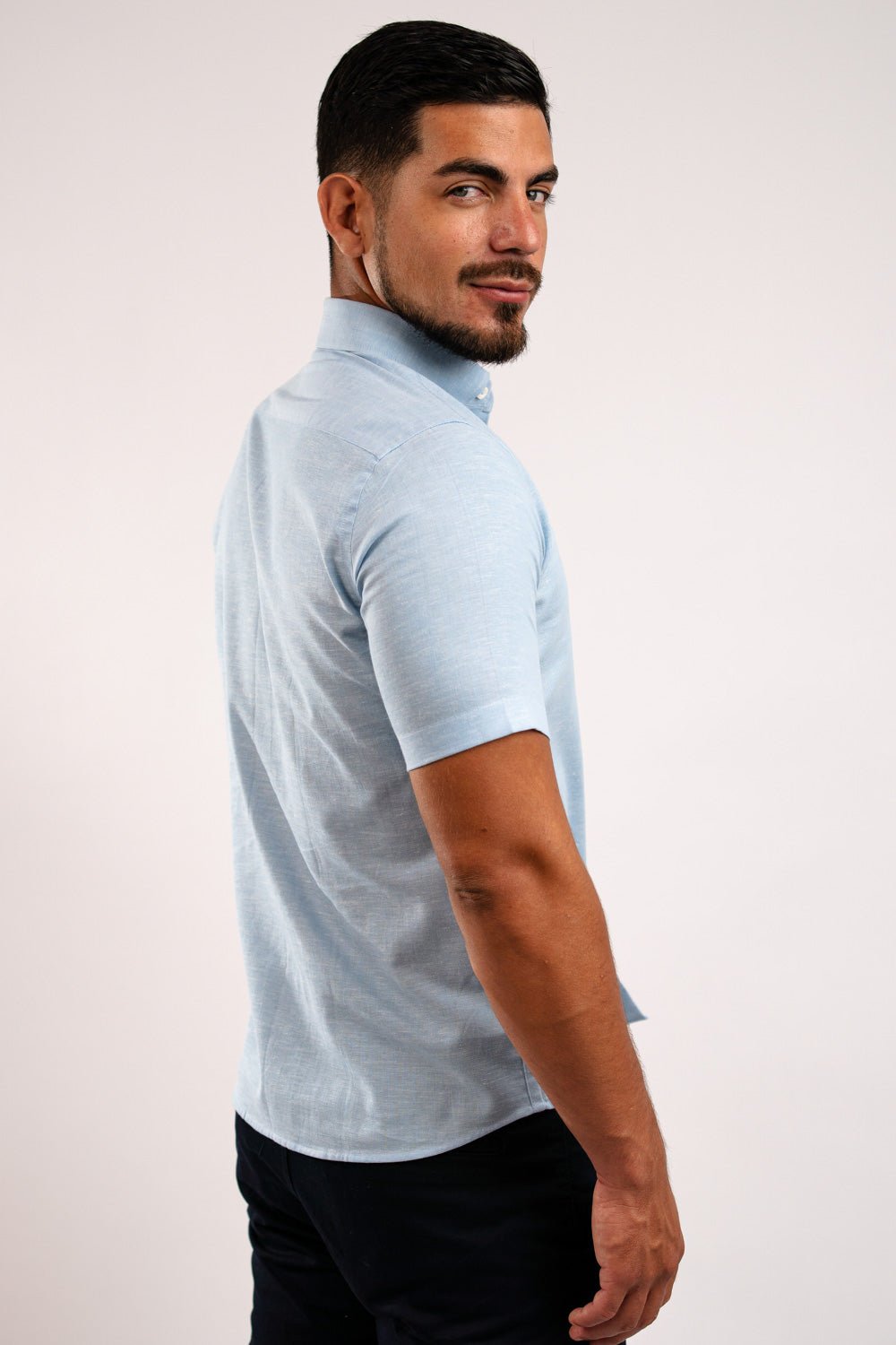 Camisa Lino Algodón Celeste Manga Corta Slim Fit - BARBADENS