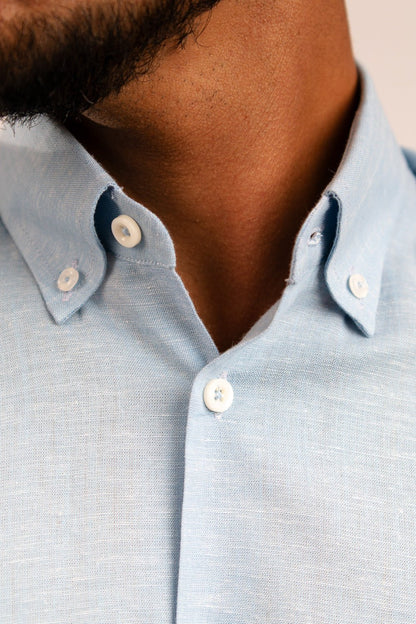 Camisa Lino Algodón Celeste Manga Corta Slim Fit - BARBADENS