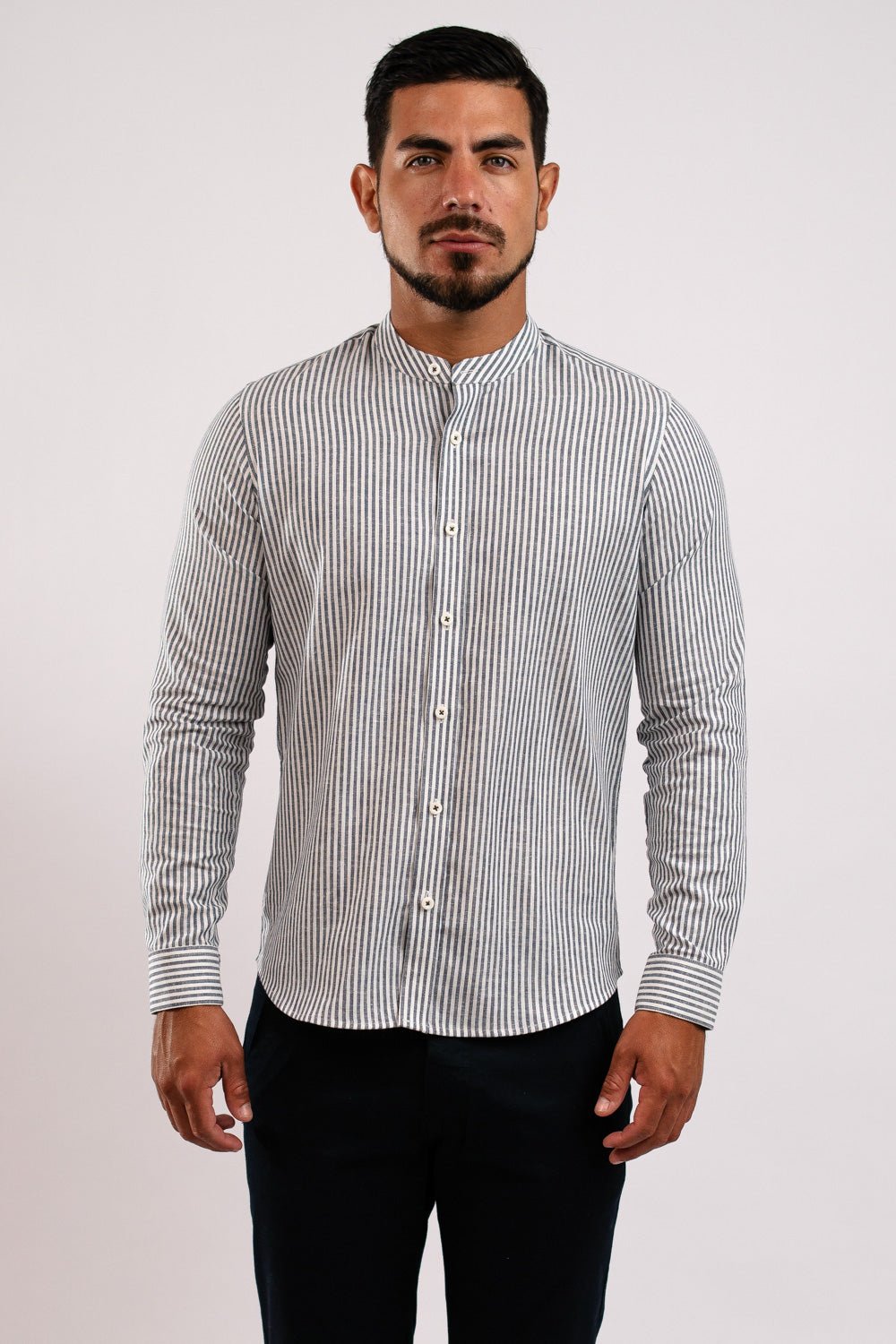 Camisa Lino Algodón Rayas Gris Cuello Nerú Slim Fit - BARBADENS