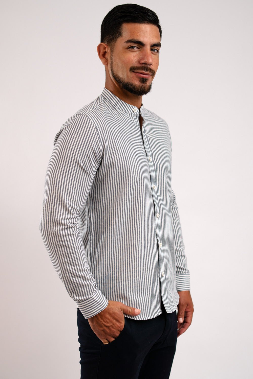 Camisa Lino Algodón Rayas Gris Cuello Nerú Slim Fit - BARBADENS