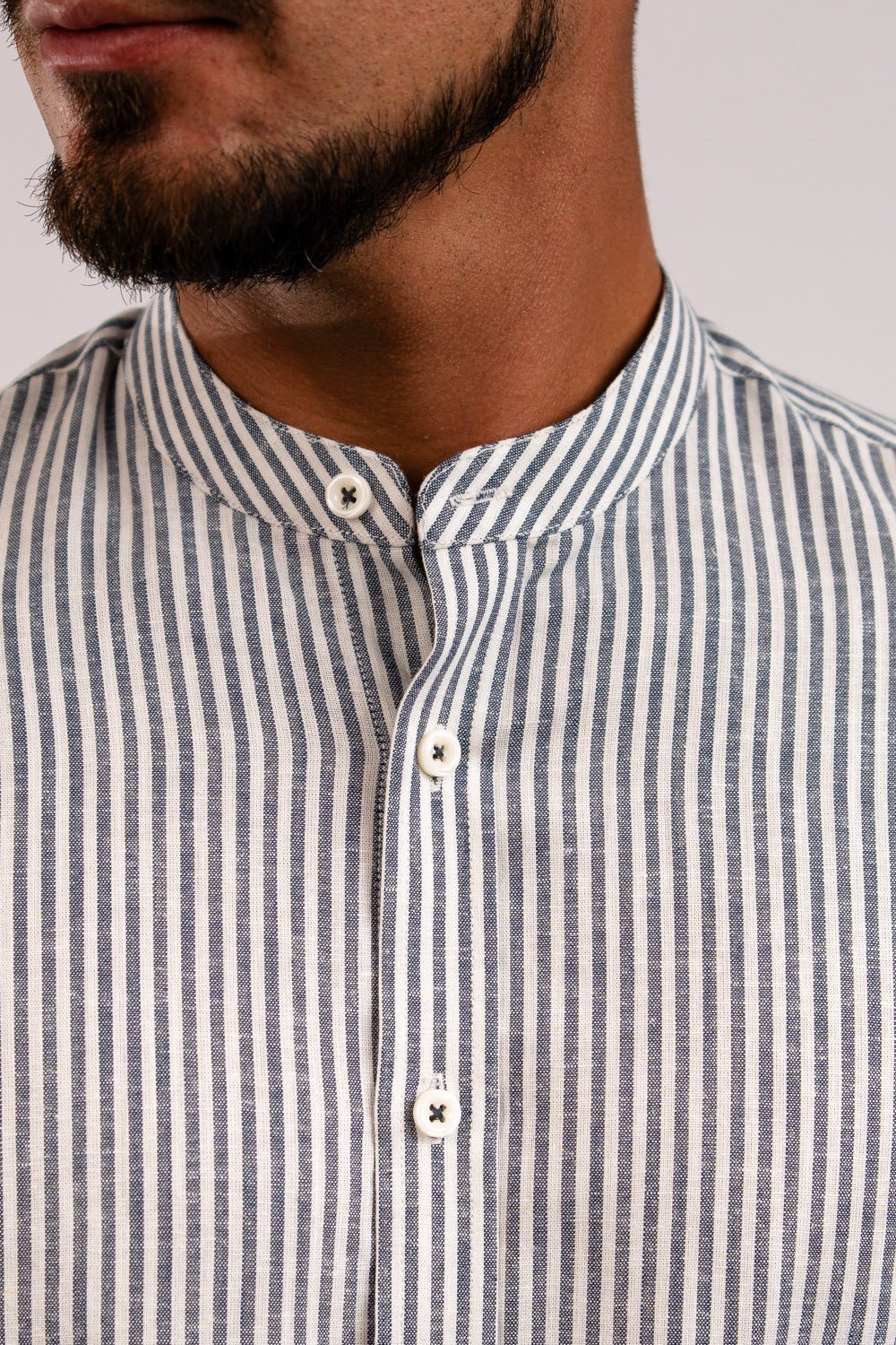 Camisa Lino Algodón Rayas Gris Cuello Nerú Slim Fit - BARBADENS