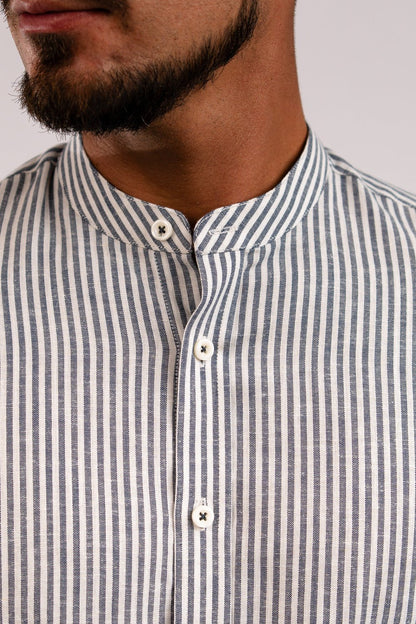 Camisa Lino Algodón Rayas Gris Cuello Nerú Slim Fit - BARBADENS