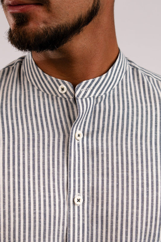 Camisa Lino Algodón Rayas Gris Cuello Nerú Slim Fit - BARBADENS