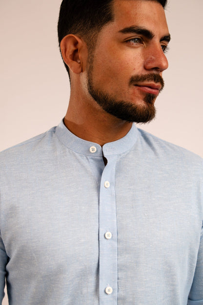 Camisa Lino Algodón Celeste Cuello Nerú Slim Fit - BARBADENS