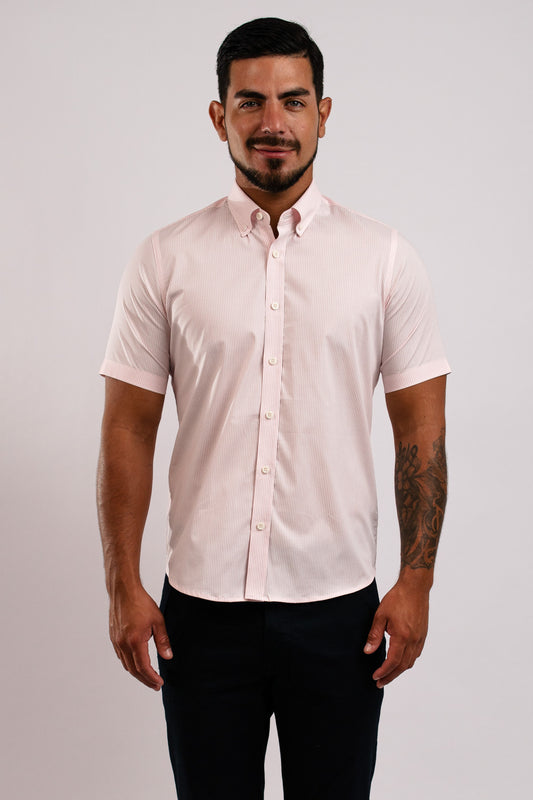 Camisa Algodón Stretch Rayas Rosada Manga Corta Slim Fit
