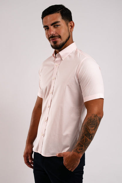 Camisa Algodón Stretch Rayas Rosada Manga Corta Slim Fit - BARBADENS