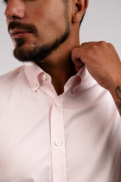 Camisa Algodón Stretch Rayas Rosada Manga Corta Slim Fit - BARBADENS