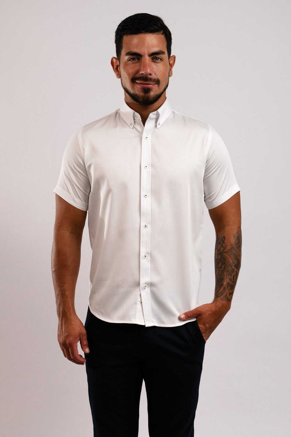 Camisa Algodón Stretch Blanca Manga Corta Slim Fit - BARBADENS