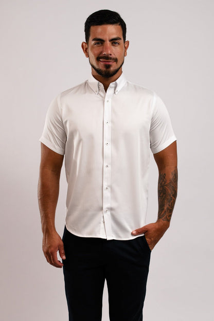 Camisa Algodón Stretch Blanca Manga Corta Slim Fit - BARBADENS