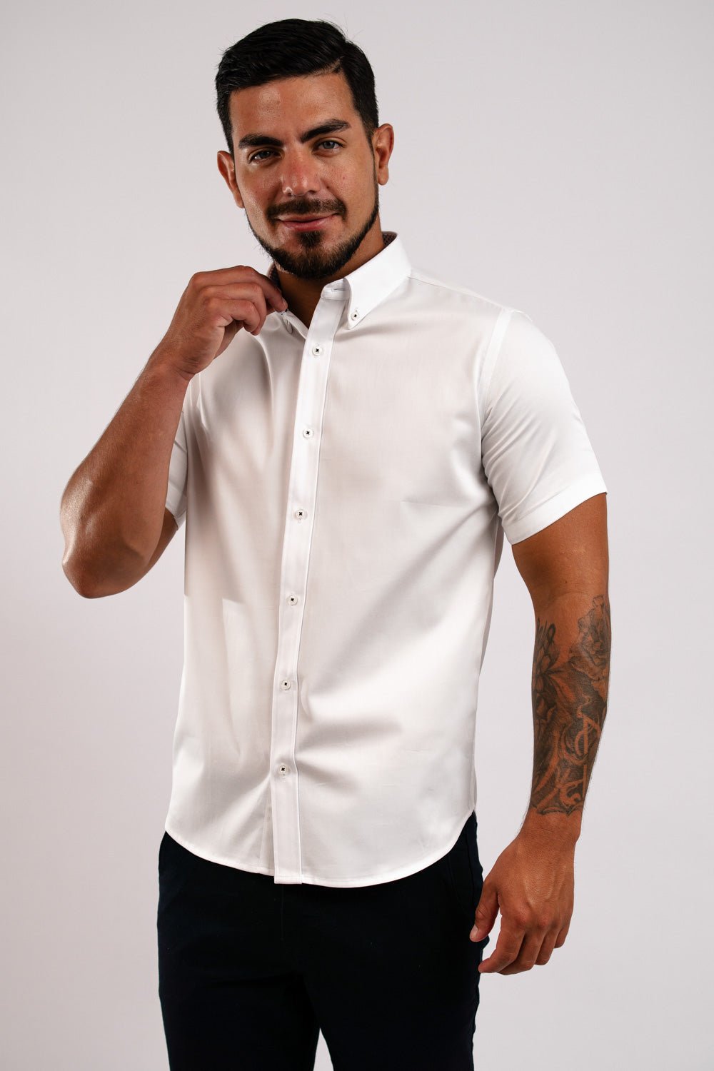 Camisa Algodón Stretch Blanca Manga Corta Slim Fit - BARBADENS