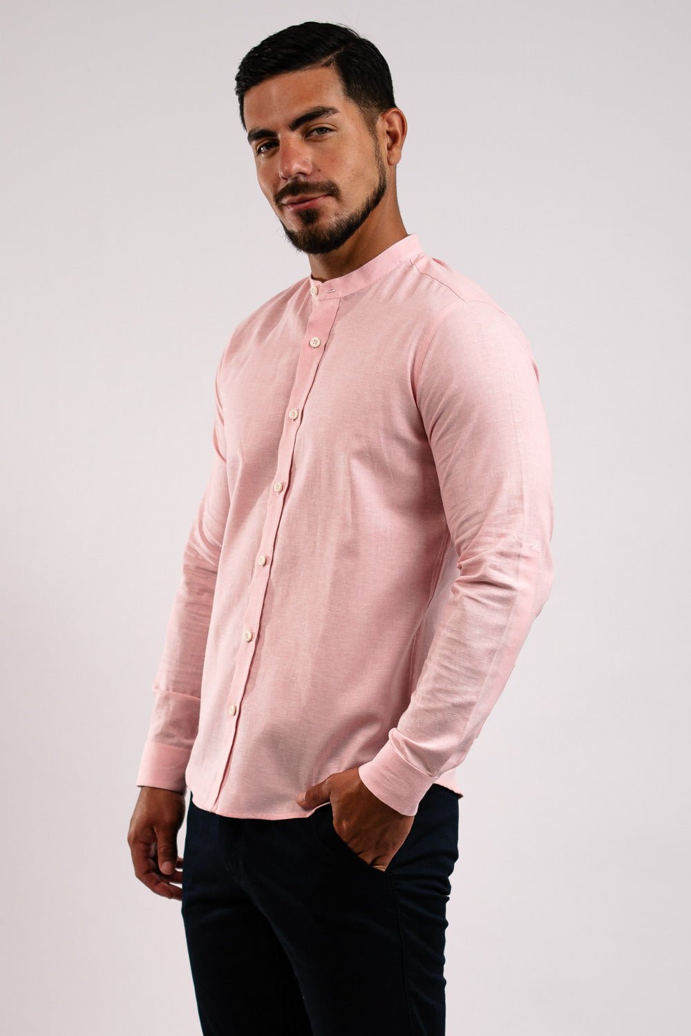 Camisa Lino Algodón Rosada Cuello Nerú Slim Fit - BARBADENS