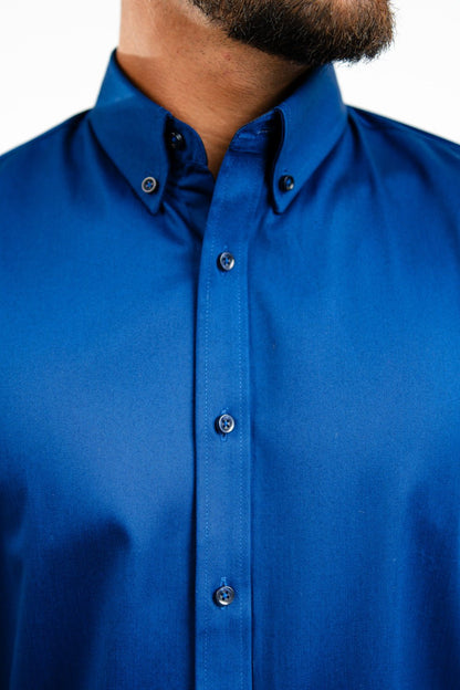 Camisa Algodón Stretch Azurro Manga Corta Slim Fit - BARBADENS