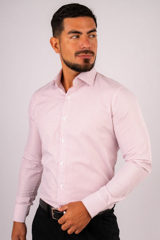 Camisa Slim Fit Rayas Guinda Dobby Algodón Pima - BARBADENS