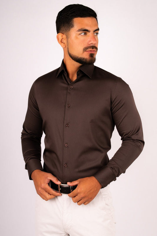 Preventa - Camisa Marrón Algodón Stretch Slim Fit - BARBADENS